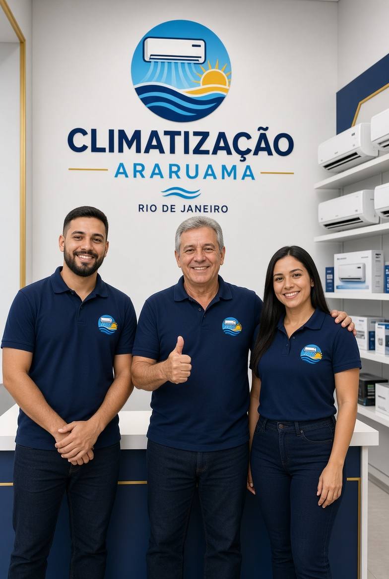 Equipe de técnicos da Climatização Araruama, de uniforme azul-marinho, na loja